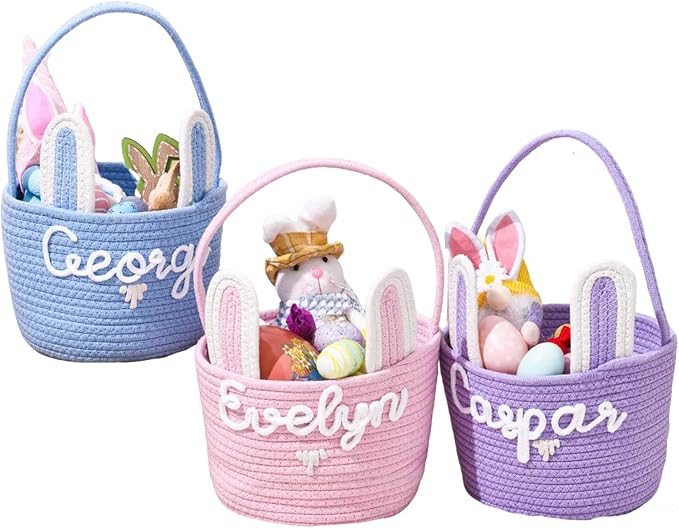 Personalized Cute Small Woven Basket with Handles, Custom Cotton Rope Room Shelf Storage Basket, Empty Decorative Gift Basket, Decorative Round Bin for Nursery Bedroom Bathroom (Style G)