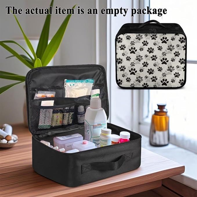 First Aid Case Empty Pet Paw Print Veterinary Medic Bag for Animal Clinics and Pet Owners Includes Secure Zipper Compartments Breathable Mesh Panels Soft Lining Washable Material
