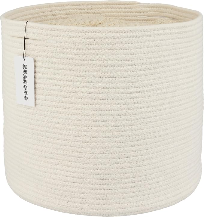 XUANGUO Cotton Rope Basket For Girls Boys Kids 16”X14” White | Baby Laundry Baskets, Blanket Basket, Nursery Bin; Round Woven Basket Organizer for Toy Storage, Blankets, Shoes and Clothes