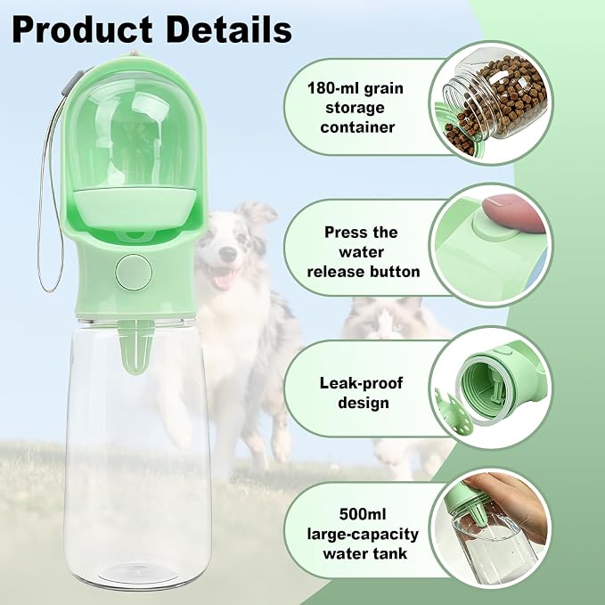 Green Large Portable Dog Water Bottle with Food Container | Travel Dog Water Bowl(500ml),Food Container(180ml),Leak-Proof,2-in-1 Pet Essential Outdoor Supplies for Walks Hikes Campsites
