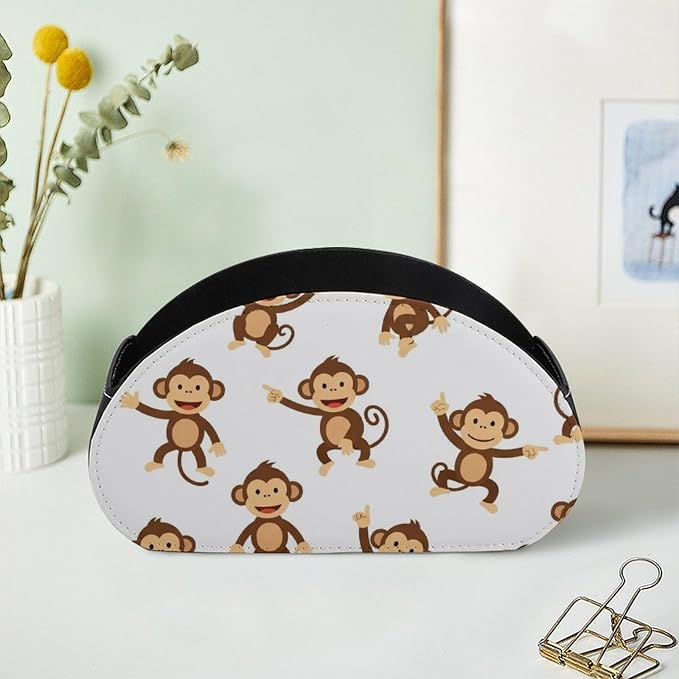 5 Compartment Remote Control Holder Monkey Cartoon Animal Storage Caddy Box | Pu Leather Desktop Organizer, Monkey Cartoon Animal Cute, Fit for TV Remotes, Media Player, Brush, Office Accessories