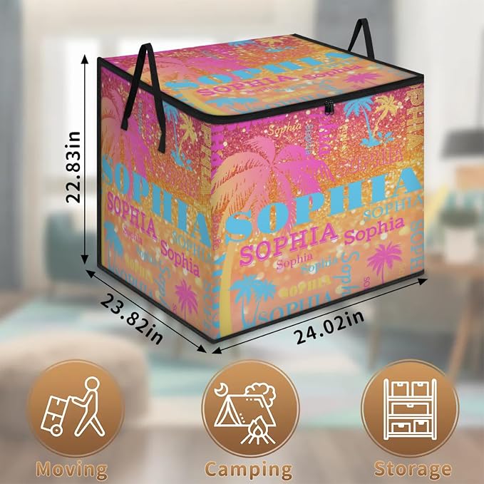 Custom Name Large Clothes Storage Organization with Lids, Tropical Palm Trees Bedding Clothes Storage Bin Shelf Basket for Nursery, Gift Basket, Pet Basket, Bright Shiny Orange Glittering Bling