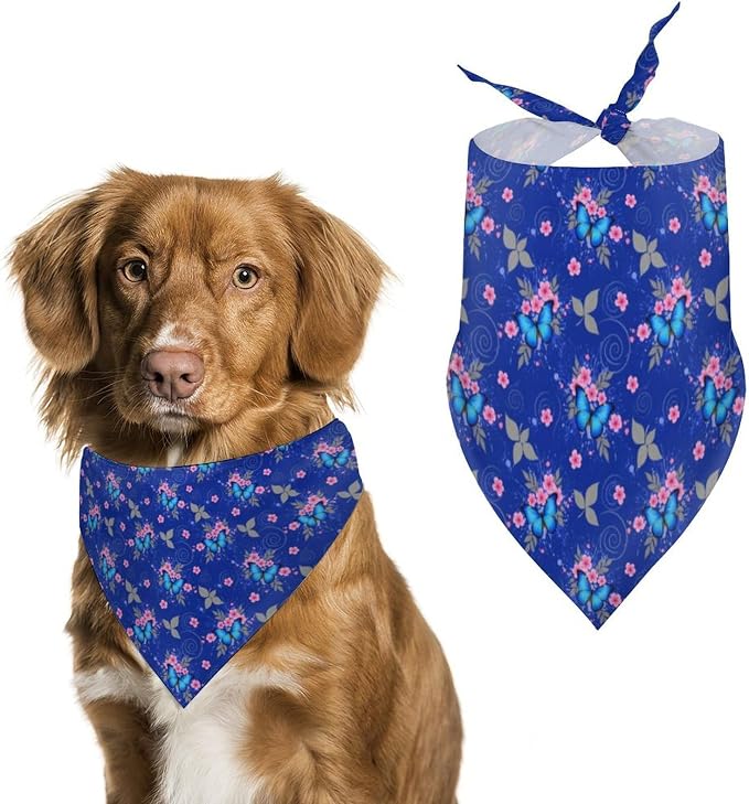 Lightweight Comfy Triangle Pet Scarf with Adjustable Design for Dog Accessories, Outdoor Activities, Casual Daily Use (Blue Butterfly Art)