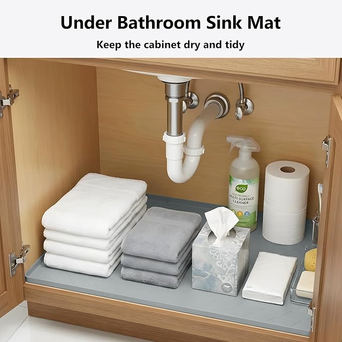 Mateeylife Under Sink Mat Kitchen Waterproof, Silicone Sink Tray 22"X31" | Under Sink Organizer Cabinet Shelf Protective Liner, Multi-use Silicone Mat for Boot Tray & Litter Mat, Light Grey