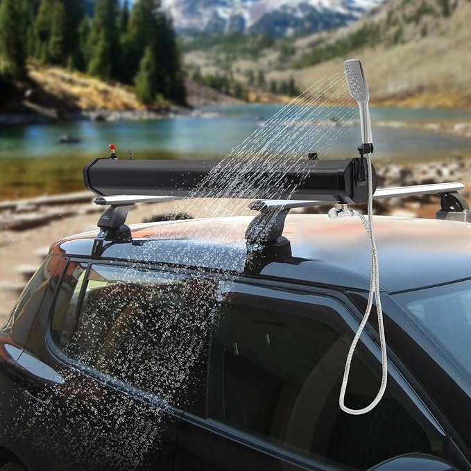 Pressurized Water Tank for Camping, Roof Rack Mount Road Shower with Water Hose & Storage Bag, Portable Off Road Shower Water Storage Tank for Hiking, Car wash, Pet Cleaning