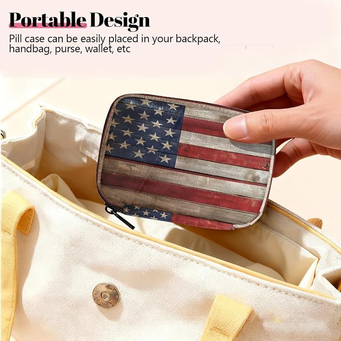 Weekly Pill Organizer Travel Size Bag with Removable 7 Day Pill Box Portable Vitamin Case Purse with Zipper,Wooden American Flag Pattern