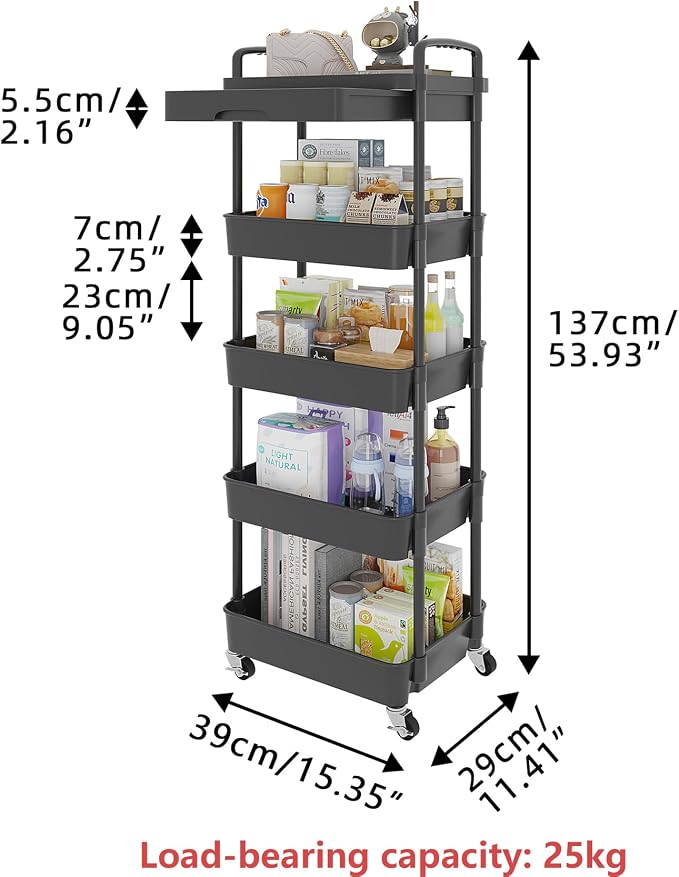 Calmootey 5-Tier Utility Cart with Drawer & Wheels, Storage for Home,Office | Space-Saving Organizer, Sturdy Plastic Shelves, Smooth-Rolling Metal Wheels, Built-in Drawer for Small Items, Black