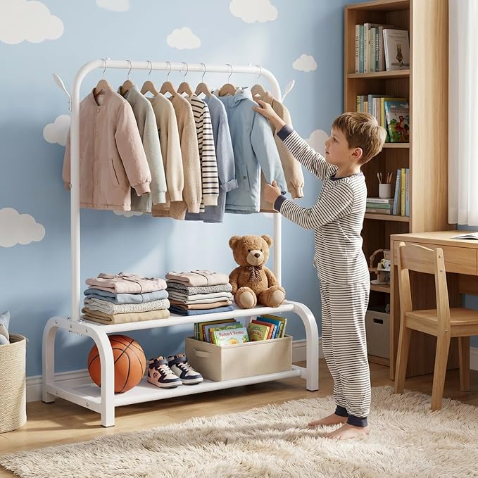 Kids Clothes Rack for Ages 3-6, Montessori Kids Clothing Rack, White | Kids Dress Up Rack with 2 Fabric Storage Shelves & Side Hooks, Toddler Wardrobe Rack for Costumes, Princess Dresses and Shoes