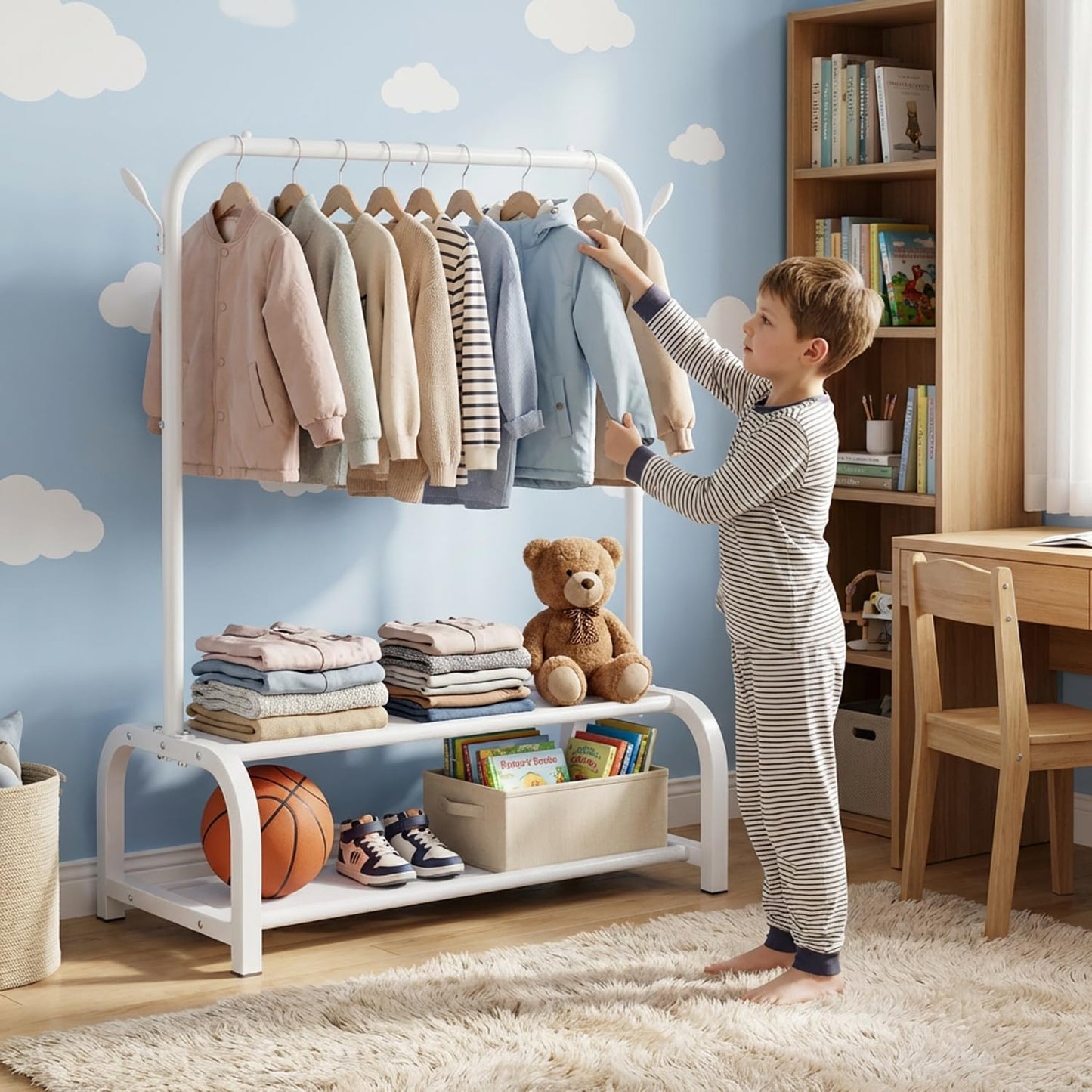 Kids Clothes Rack for Ages 3-6, Montessori Kids Clothing Rack, White