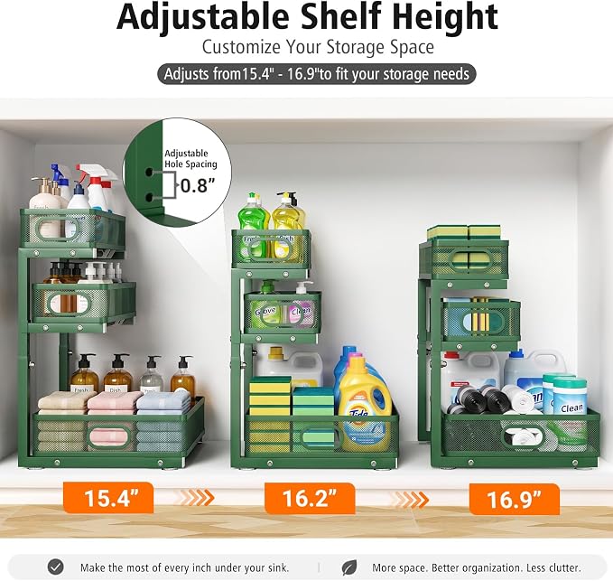 Under Sink Organizer, 3-Tier Sliding Drawers, 2-Pack Forest Green | 5 Height Adjustable, Pull Out Cabinet Storage Rack, Space Saving Metal Organizer for Kitchen, Bathroom, Laundry & Pantry