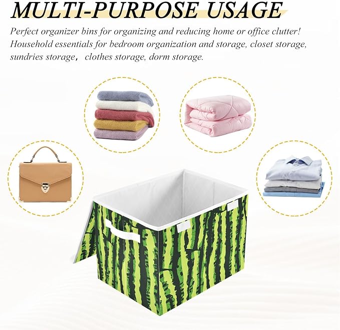 Fabric Storage Bins with Lid Watermelon Pattern Closet Storage Basket 40L | Decorative Storage Boxes, Dust-Proof Flip Top, Reinforced Handles, For Home & Bedroom, Clothes & Toy Box, Oxford Fabric Print