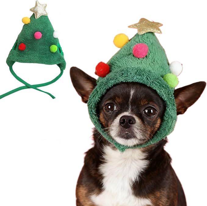 Christmas Tree Headwear Hat for Pet, Decorations Star Pompoms Christmas Cat Dog Headwear Photo Props (Small)