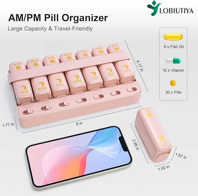 Weekly Pill Organizer 2 Times a Day, AM PM Travel Pill Organizer 7 Day for Vitamin Medicine Supplement Fish Oil, Pink Twice a Day Medicine Pill Box with a Rotatable Handle