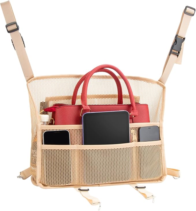 eing Car Organizers and Storage Mesh Bag, Purse Holder, Car Net Pocket Handbag, Automotive Consoles & Organizers, Back Seat Pets Kids Barrier, Car Handbag Holder for Women, Beige