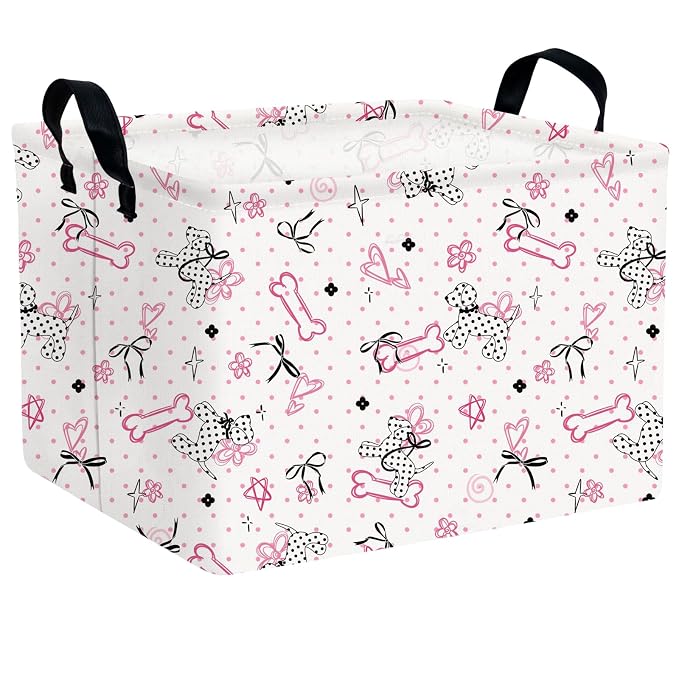 Kid Dog Toy Basket, Pink Bone Black Bow | Rectangular, Collapsible Storage Bin, Baby Room Decor, Nursery Gift Basket