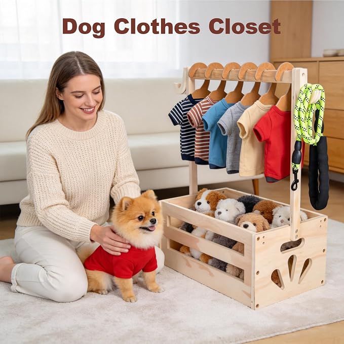 Dog Closet, Wooden Dog Clothes Closet with Hanging Rods and Leash | Pet Wardrobe Crate Box, Dog Clothing Rack, Pet Wardrobe Closet for Dog Cat Toys Clothes Organization Storage