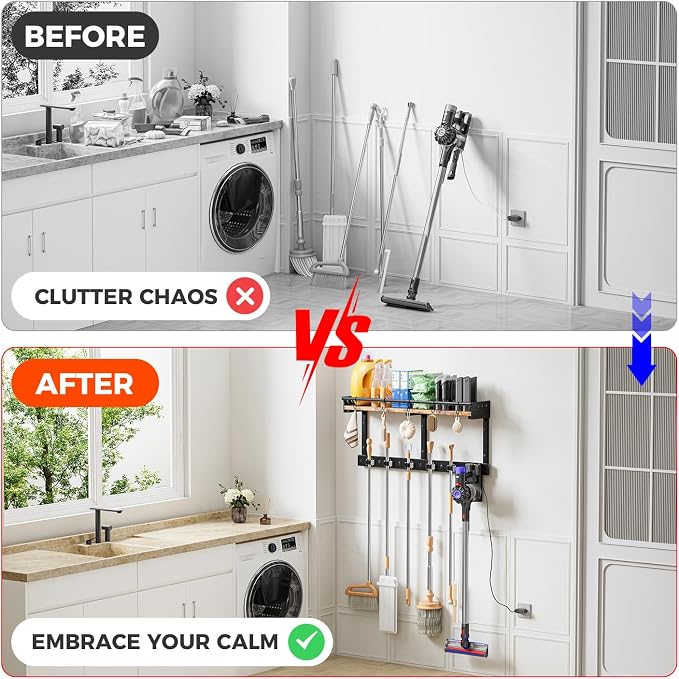 Broom Holder Wall Mount with Shelf, Black, L | 3 in 1 Broom and Mop Organizer, Wall Hanging, For Laundry, Garage, Utility, Vacuum Stand Alternative