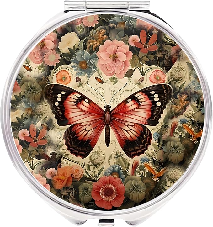 Small Pill Box 3 Detachable Compartments Pill Case with Mirror 2.4inches Pocket Round Medicine Organizer, Mini Portable Pill Organizer for Pocket Purse& Travel Convenience-Butterfly Flower Red