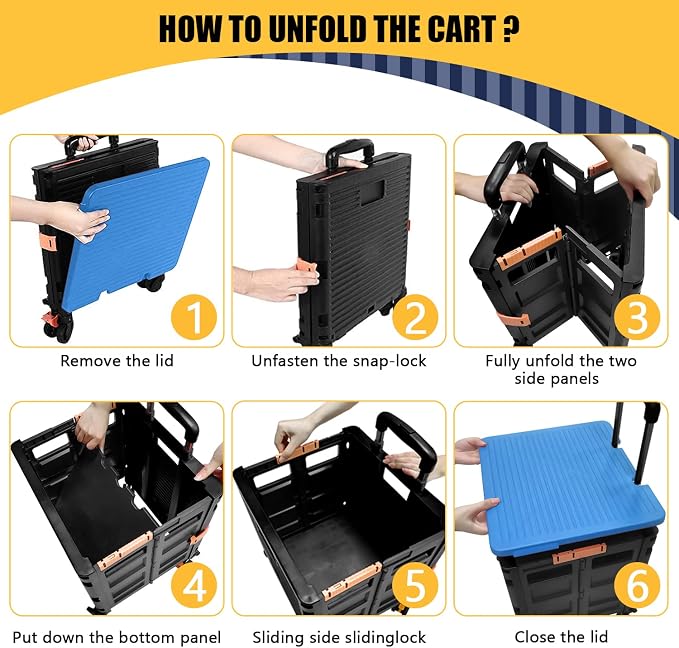 Foldable Utility Cart Collapsible Crate Rolling Carts Handcart Trolley Tool Box Basket 4 360°Noiseless Wheels Lid Telescoping Handle for Shop Grocery Luggage Move Office School Teacher (Blue)