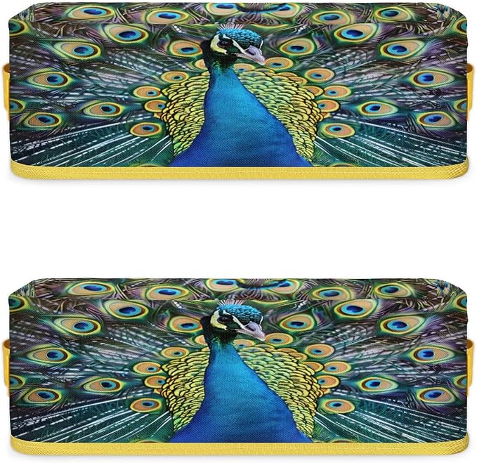 Peacock Beautiful Feathers Bathroom Storage Basket, Foldable with Handle Open Countertop Paper Towel Decorative Box, Toilet Tank Top Shelf Baskets for Home Closet Bedroom Living Room Office