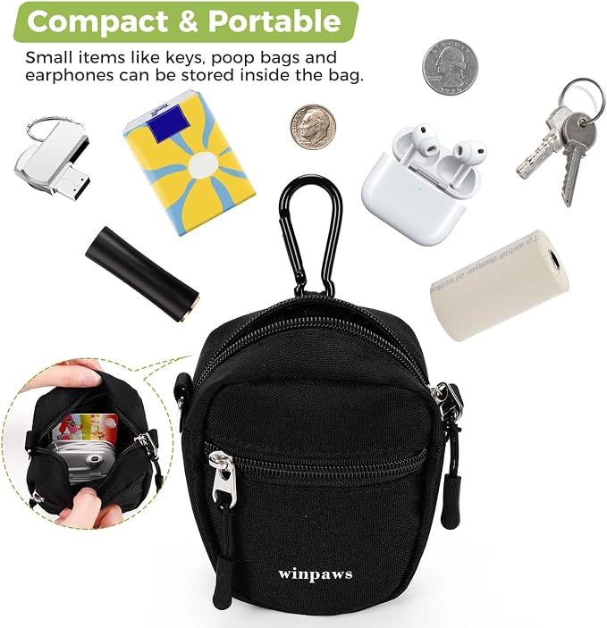 Dog Treat Pouch with Poop Bag Holder, Small Crossbody Bag for Puppy Training and Walking, Shoulder Strap Can Use as Dog Leash- Pet Travel Accessories, Metal Carabiner Attached (Black) | 900D Oxford Fabric