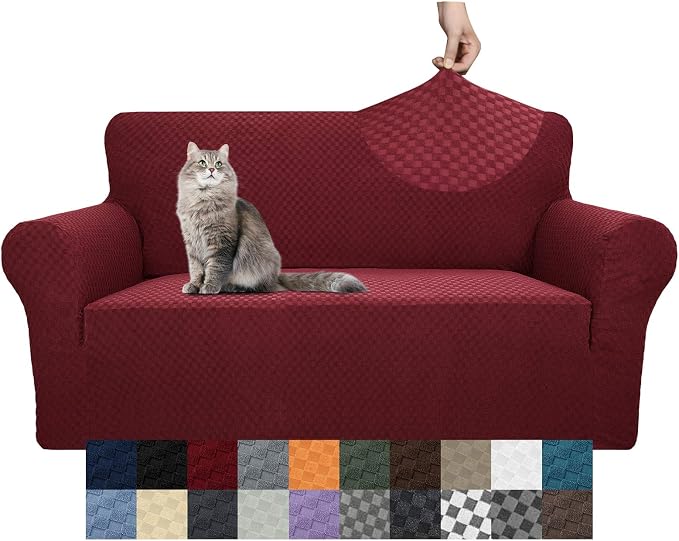 YEMYHOM Couch Cover Latest Jacquard Design High Stretch Sofa Covers for 2 Cushion Couch, Pet Dog Cat Proof Loveseat Slipcover Non Slip Magic Elastic Furniture Protector (Loveseat, Christmas Wine Red)