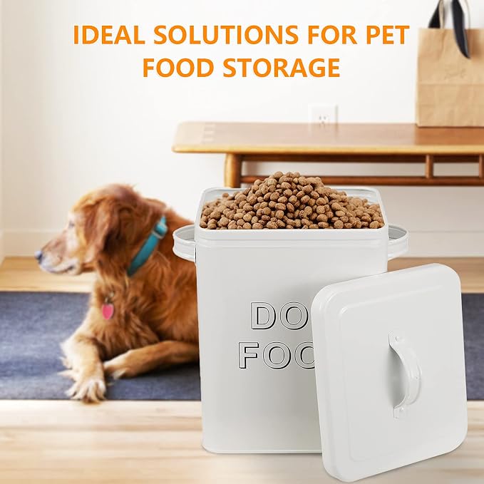 Pethiy airtight Dog Treat container bin and DOG Food Storage Tin with Lid With Handle |4-5 lbs Capacity | Serving Scoop Included -White