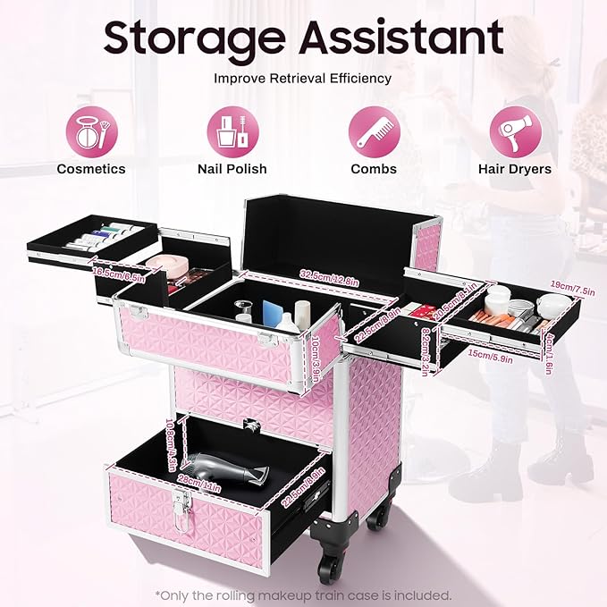 Makeup Rolling Case, Professional Rolling Nail Case Wheeled Manicure Storage Case Polish Organizer w/ Universal Wheels, Portable Adjustable Studio Travel Cart for Nail Technicians Hairstylist (Pink)