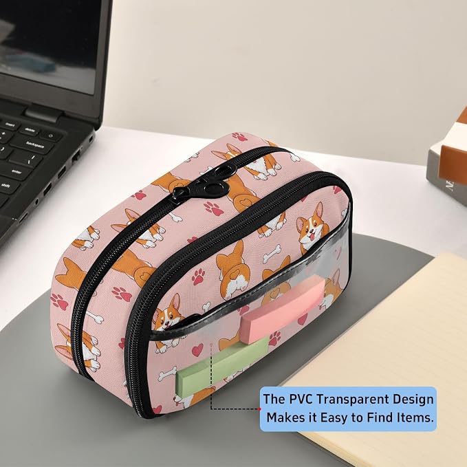 Cute Pets Heart Pink print Large Capacity Pencil Case with Zipper Water Resistant Portable Organizer Pen Bag for Students School Office