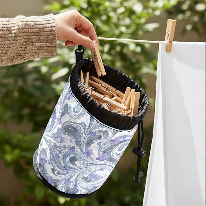 Portable Drawstring Clothespin Bag, Fluid Art Floral Laundry Peg Organizer Pouch with Hanging Loop, Compact Storage for Clips, Ideal for Drying Rack, Camping, Travel