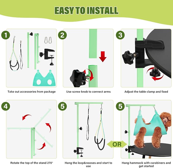 getlstub Dog Grooming Arm with Pet Grooming Hammock, 35" Pet Grooming Table Arm with Adjustable No Sit Haunch Holders, Dog Grooming Stand with Loop Noose for Small and Medium Pets, Green