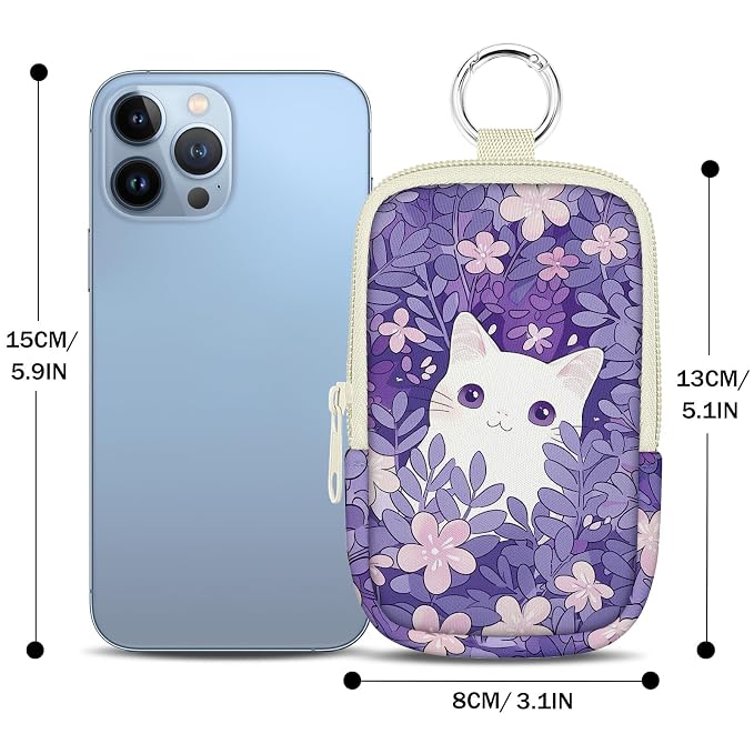 Hand Sanitizer Holder, Kawaii White Cat Spray Case Zippered Pouch | Keychain, Travel Size, Cute Fashion Accessory with Snap Hook, for Glow Mist and Power Mist 1FL OZ, Mini Small Pocket Clip on