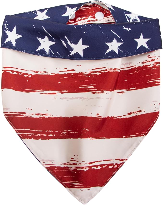 2-in-1 Vintage 4th of July Dog Bandana, Reversible American Flag Print American Flag Triangle Scarf Adjustable Snap Button Patriotic Neckwear for Large Breeds (30-75lbs)
