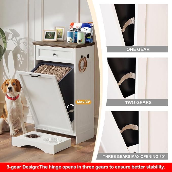 FIMELLO Dog Feeding Station, Tilt-Out Dog Food Storage Cabinet with Drawer,Pet Feeder Cabinet,White Grain
