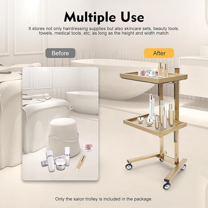 2 Tiers Salon Tray on Wheels for Beauty Salons and Pet Shops Gold | Stainless Steel, H-Shaped Base, Foldable Trays for Easy Storage, Rounded Edges for Safe Handling, Circular Handle for Lifting