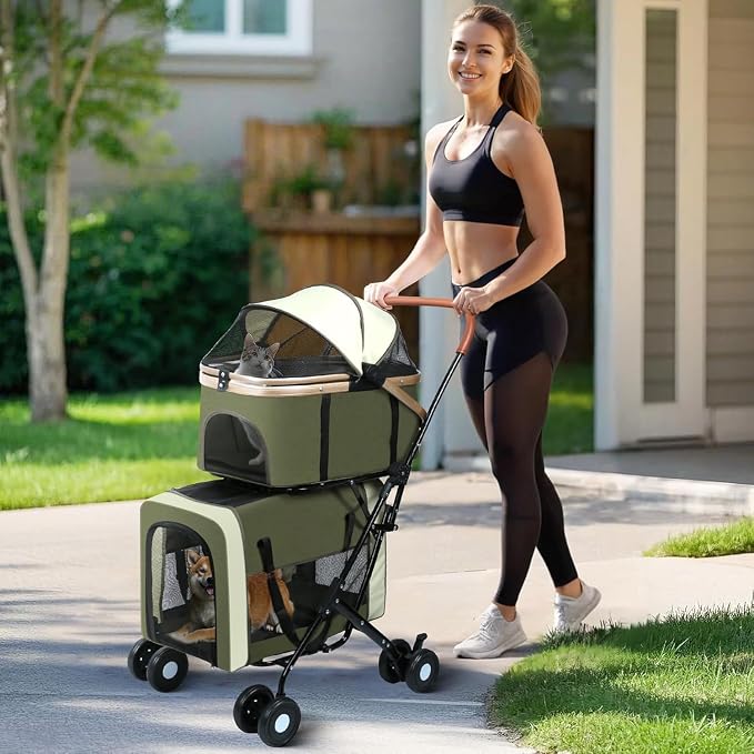 YYW Double Pet Stroller 4 in 1 Foldable 2 Carriers Lockable Wheels Brown | Travel Strolling Cart with Safety Belts for Multi-Pet Homes, Small Dogs & Cats, Ideal for Walking, Vet Visits, Storage