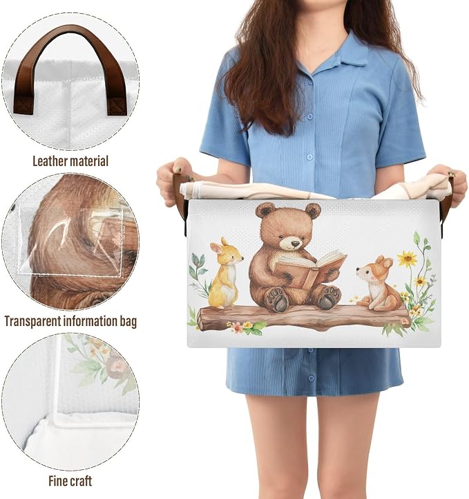 Cute Reading Bear Woodland Animal Storage Basket for Baby with Handles&Label Rectangular Waterproof Nursery Storage Bins Collapsible Organizer Baskets for Kids Cloth Gift Toys Laundry Shelf, 2 PC