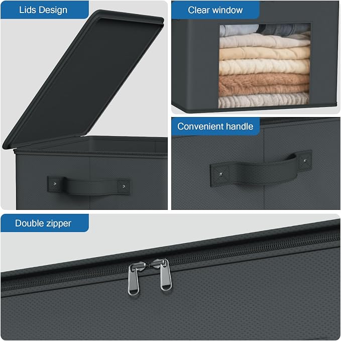 Zilink Fabric Organizer Bins with Lids Cloth Storage Bins, Dark Grey, 4Pack | Stackable, Smooth Zipper, Clear Window, Collapsible Closet Organizer Storage Bins for Home, Office, Bedroom