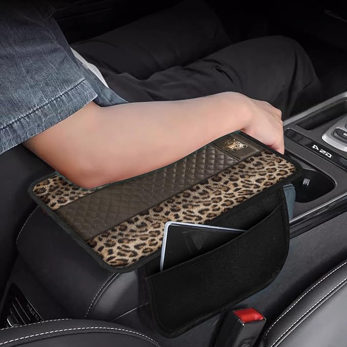 Howilath Universal Armrest Cover Soft Pad for Car Console | Classic Leopard Print Interior Accessories, Machine Washable, with Storage Pockets, Fits Suv and Truck