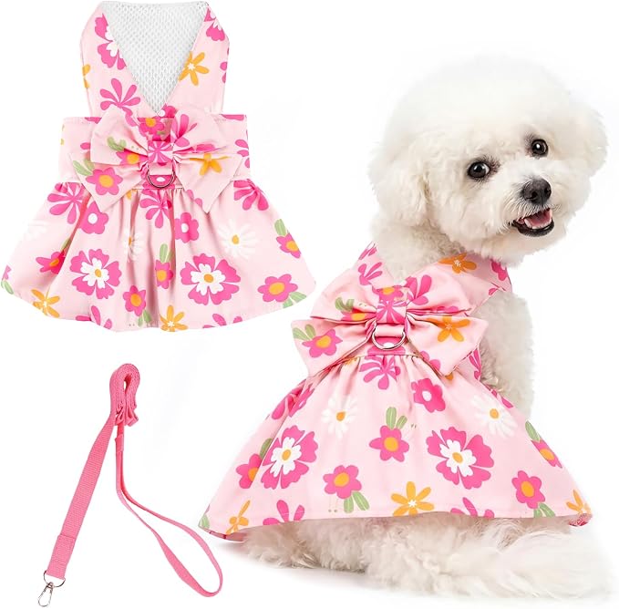 Dog Dress Harness Dresses Leash Set for Small Dogs Cute Girl Dog Clothes with Bowknot Puppy Outfits for Shih Tzu Yorkies Chihuahua (Large, Floral)