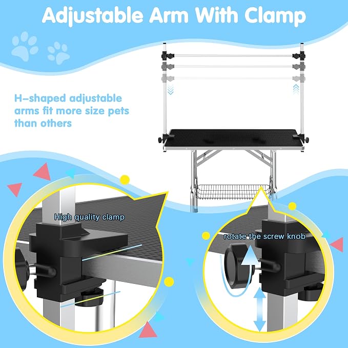 36'' Foldable Dog Grooming Table with Arms/Nooses/Mesh Tray, Black | Stainless Steel Grooming Table for Dogs at Home, Adjustable Pet Bathing Station, Non-Slip Waterproof Tabletop, Capacity 330Lb
