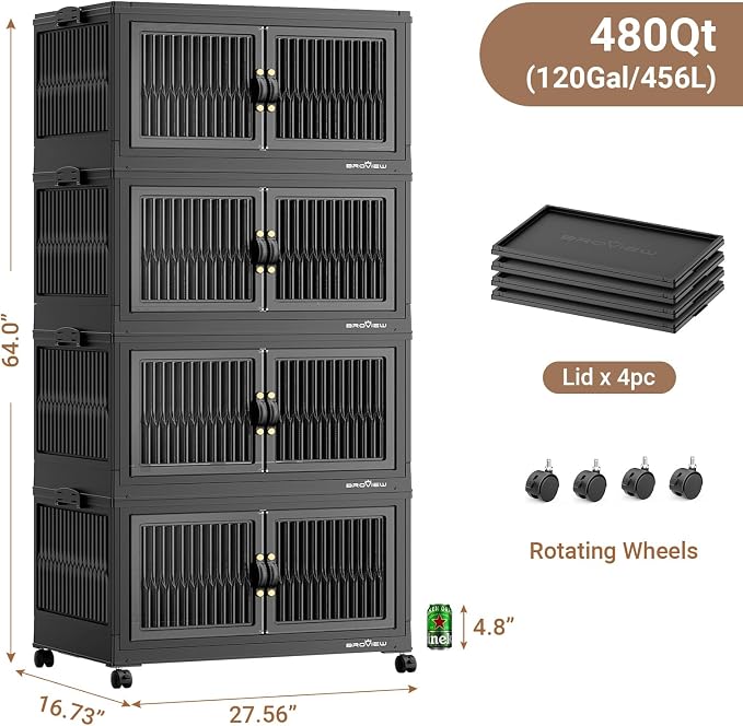 BROVIEW 480Qt Stackable Storage Bins with Lid for Home Dorm, 4Pack Black | Closet Organizers, Foldable & Collapsible Cabinets, Large Containers, Wheels & Magnetic Doors, Plastic Drawers for School