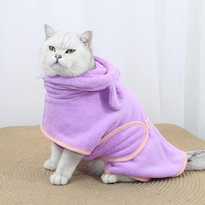 Dog Bathrobe Towel, Cat Bathrobe Microfiber Fast Drying Absorbent Hooded Bath Towel for Puppy Small Medium Large Dog Cat(Purple,XS)
