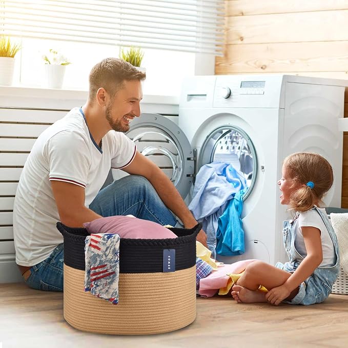 COMSE XXXLarge Woven Blanket & Laundry Basket, 87L, Black & Camel | 21.7" x 13.8", Cotton Rope, Nursery Hamper for Storage of Toys Clothes Towels, Ideal for Living Room Bedroom Bathroom