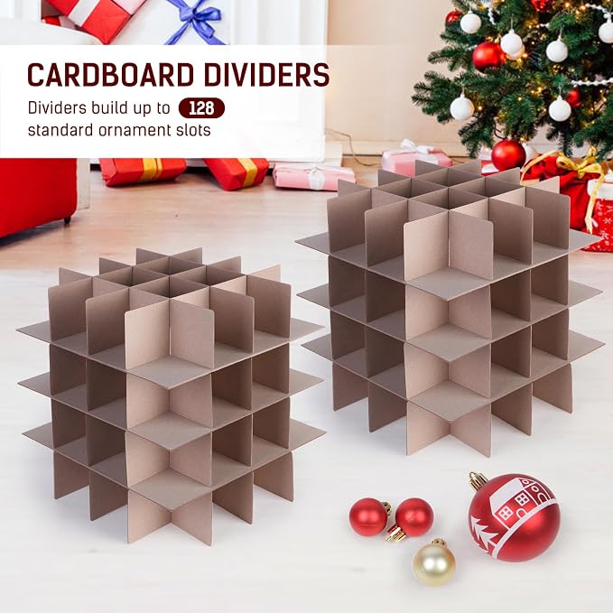 Lambada Christmas Ornament Storage Box, Durable Christmas Storage Container with Adjustable Dividers, Xmas Decorations Organizer – Fits 128 Holiday Ornaments 3 inch – Tear-Proof Fabric (Red)