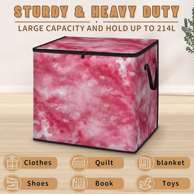 Tie Dye Large Storage Bags, Fabric Bed Storage Containers, Foldable Closet Organizers for Blanket, Clothing, Comforter, Bedding, Pink
