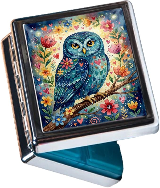 Weekly Pill Organizer, Metal Pill Box with 8 Compartments, Small Travel Pill Case for Purse Pocket, Medicine Vitamin Supplement Organizer (Floral Owl)