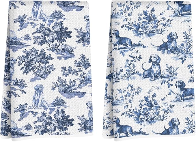 2Pcs Chinoiserie Golden Retriever Kitchen Towels 14x24 Inch, Blue and White Floral Golden Retriever Dachshund Decorative Dish Tea Towels, Grand Millenial Botanical Dog Hand Towels for Kitchen Bathroom