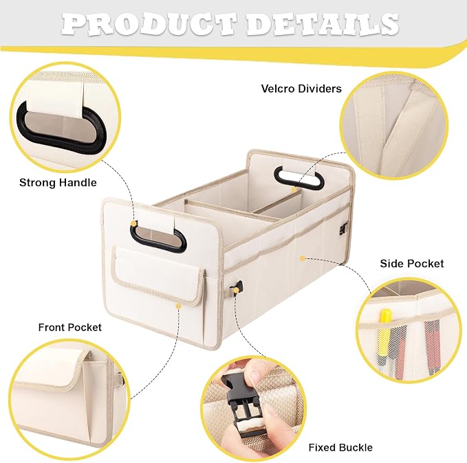Car Trunk Organizer, Collapsible Car Organizers and Storage Large Beige | Sturdy, Strong Capacity, Clean Decor, Multi Compartment Container Box, Adjustable Car Accessories for SUV Sedan Truck
