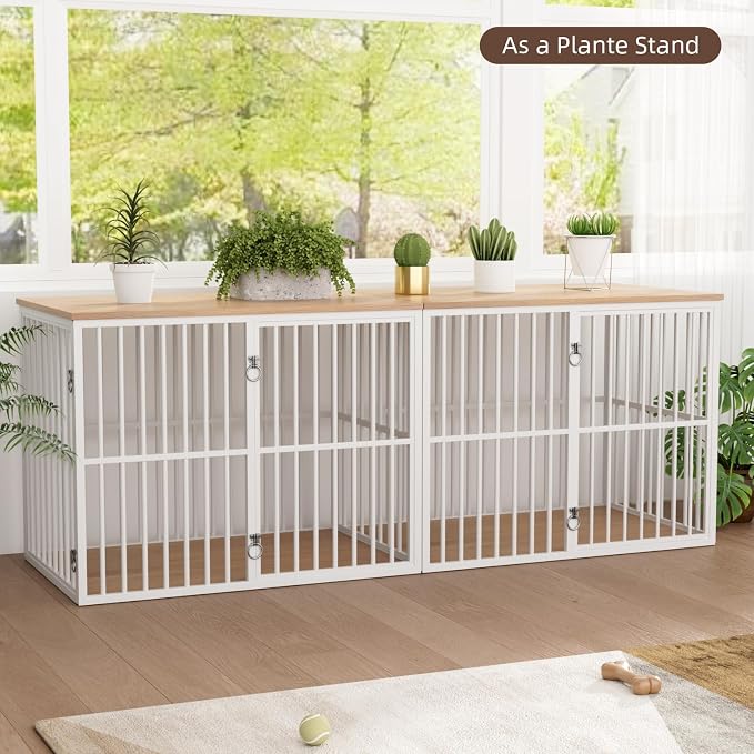 VOWNER 86.7" Double Dog Crate Furniture for 2 Large Dogs, White/Natural | Heavy Duty Wooden Dog Kennel with Removable Divider, XXL Dog Cage TV Stand End Table with 4 Doors, Double Locks for Each Door